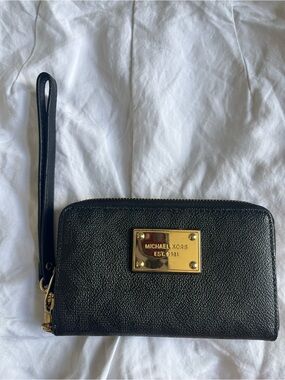 Michael Kors Black and Gold Zip-Around Wristlet